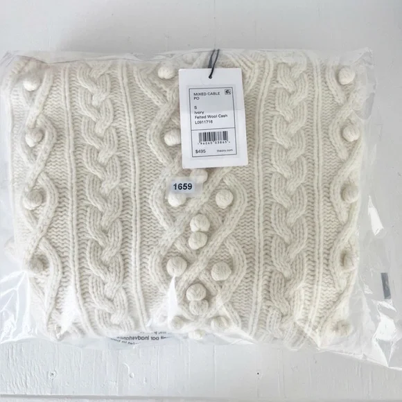 Theory Wool Cashmere Mixed Cable Knit Pom Pom Sweater Size Small NWT Ivory